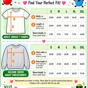 The image is an adult size chart that provides measurements and sizes for adult unisex t-shirts and sweatshirts. The chart includes illustrations of different t-shirt designs and sizes, along with corresponding measurements and prices. The chart is designed to help customers find the perfect fit for their size and style preferences.