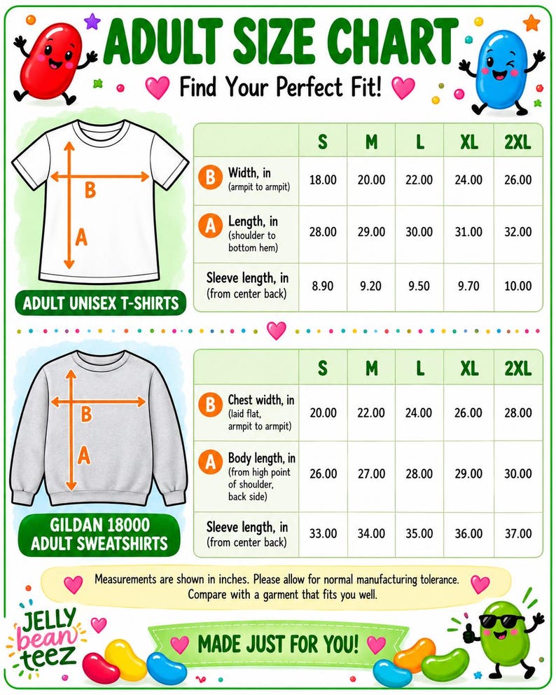 The image is an adult size chart that provides measurements and sizes for adult unisex t-shirts and sweatshirts. The chart includes illustrations of different t-shirt designs and sizes, along with corresponding measurements and prices. The chart is designed to help customers find the perfect fit for their size and style preferences.