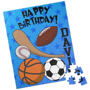 Personalized Sports Birthday Puzzle, Custom Name Jigsaw, Kids Sports Gift, Baseball Basketball Football Soccer Puzzle, Fun Birthday Keepsake