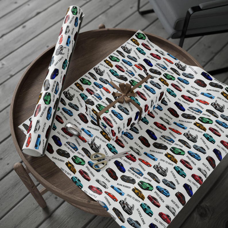 a wrapping paper on a table with a clock on it