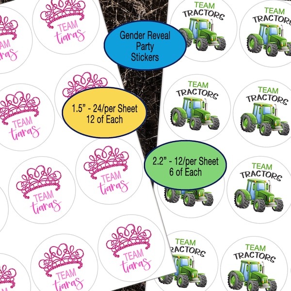 Team Tiaras, Team Tractors, Gender Reveal Sticker Sheet, Pink or Blue, Team Boy, Team Girl, Baby Shower Stickers, Gender Reveal Party Favors