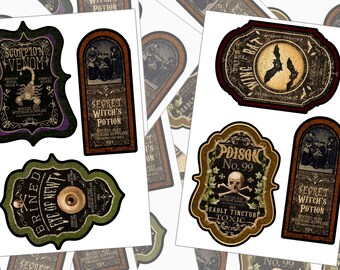 Vintage Style Apothecary Labels, Sticker Sheet, Halloween Stickers, Potion Labels, Pharmacy Labels, Eye of Newt, Scorpion Venom, Antique Art