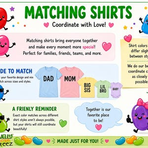 The image is a colorful and playful advertisement for matching shirts, featuring cartoon characters and various shirt designs.