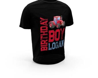 May include: A black short-sleeved t-shirt featuring a graphic of a red tractor above the text "BIRTHDAY BOY LOGAN". The word "BIRTHDAY" is printed vertically in red, "BOY" is in large red letters, and "LOGAN" is in blue with a distressed texture.