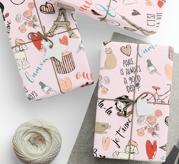 Paris Gift Wrapping Paper Roll, Paris France Girly Gift Wrap, Paris Theme Birthday Present, Paris Bridal Shower, Eiffel Tower Heart Poodle