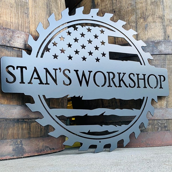 Custom American Flag Workshop Sign | Metal Shop Sign | Free Shipping | Dad Shop | Garage Sign | USA | Freedom | Saw blade | Father's day