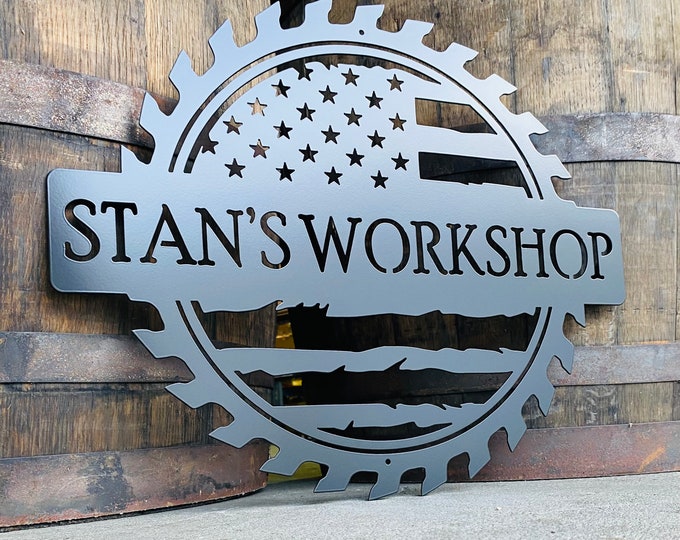 Custom American Flag Workshop Sign | Metal Shop Sign | Free Shipping | Dad Shop | Garage Sign | USA | Freedom | Saw blade | Father's day