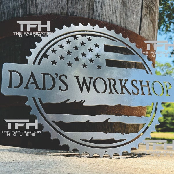 Custom American Flag Workshop Sign | Personalized Gear Sign | Garage Sign |  Metal Shop Sign | Workshop sign | Saw blade sign | Father's Day