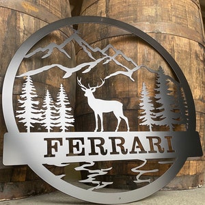 Personalized Metal Wall sign with Mountains and Deer | Welcome Sign | Monogram sign | Living Room Wall Decor | Outdoor Decor | Christmas