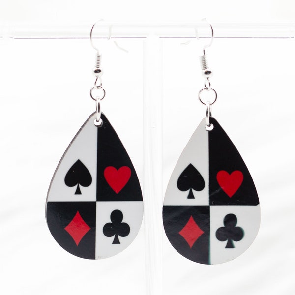 Spades, Hearts, Diamonds and Clubs Teardrop Wooden Earrings, Four Suits, Playing Cards Symbols