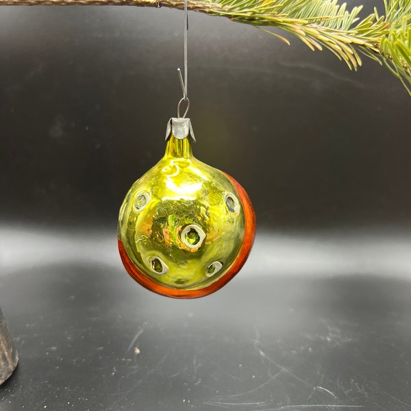 Vintage Russian Orange and Yellow Saturn Mercury Glass Christmas Ornament