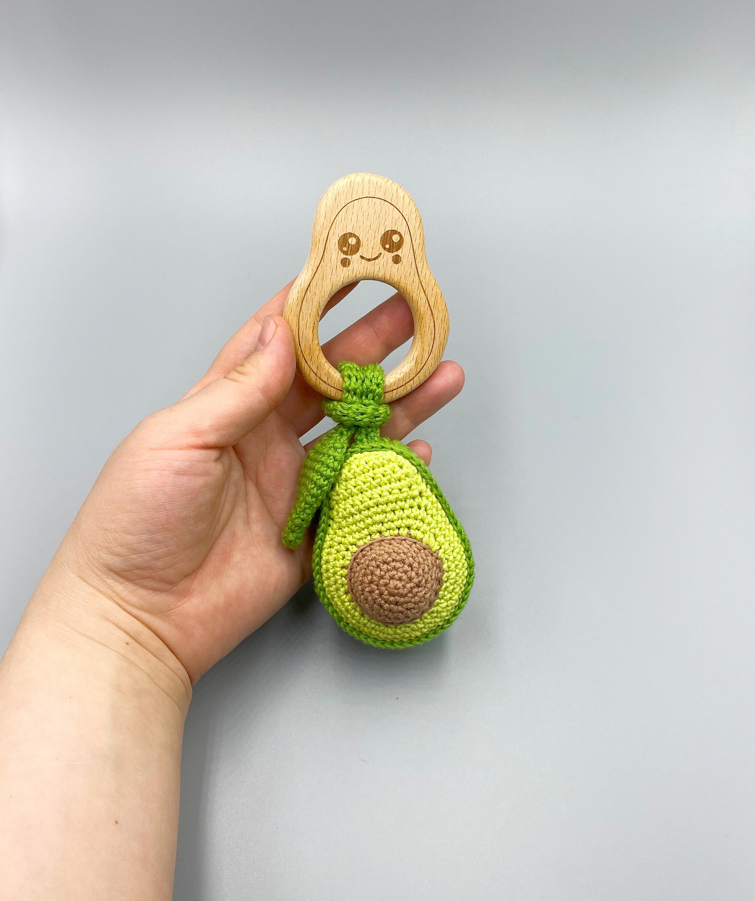 Wooden teether avocado Crochet rattle Rattle avocado Etsy