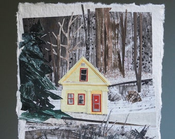 ORIGINAL ART - "Cozy Country Home in Western Massachusetts" - Painted paper collage, landscape, illustration, one-of-a-kind