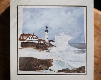 ORIGINAL ART - "Portland Head Light, Maine  (on Wood)" - painted cut paper collage, landscape, illustration, one-of-a-kind, lighthouse, wave