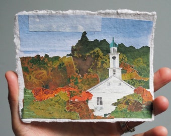 ORIGINAL ARTWORK - "Fall in New England" - Painted paper collage, landscape, illustration, one-of-a-kind, church, steeple, autumn