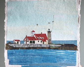 ORIGINAL ARTWORK - "Whaleback Lighthouse from Pepperrell Cove, Maine" - Painted paper collage, seascape, illustration, one-of-a-kind