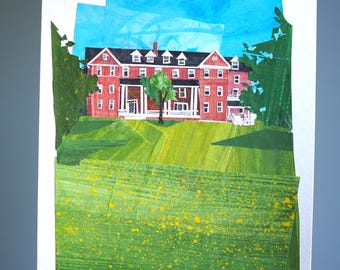 ORIGINAL ART - "Smith College" - Painted cut paper collage, landscape, illustration, one-of-a-kind