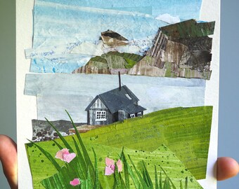 ORIGINAL ARTWORK - "Faroe Island in the Fog" - paper collage, landscape, illustration, cabin, mountains, one-of-a-kind