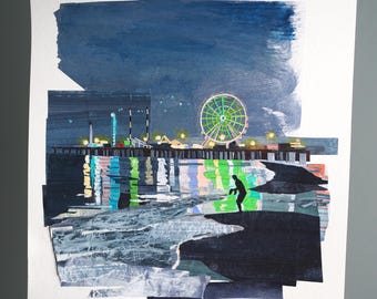 ORIGINAL ARTWORK - "Atlantic City, New Jersey" - Painted paper collage, landscape, cityscape, illustration, night lights, carnival