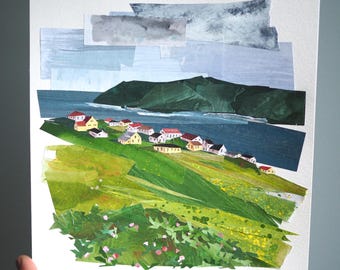 ORIGINAL ARTWORK - "Battle Harbor | Labrador, Canada (v2)" - Painted paper collage, landscape, seascape, illustration, one-of-a-kind