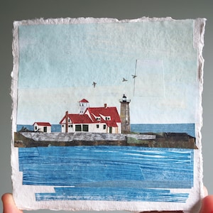 ORIGINAL ARTWORK Whaleback Lighthouse from Pepperrell Cove, Maine Painted paper collage, seascape, illustration, one-of-a-kind image 1