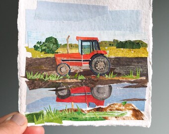 ORIGINAL ART - "Summer Tractor" - Hand-painted, hand-cut paper collage, landscape, farm