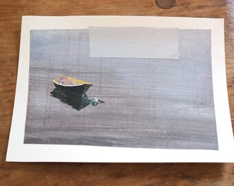 ORIGINAL ART - "Still Boat, mini" - Hand-painted, hand-cut paper collage, landscape, illustration, one-of-a-kind, Cape Cod, Maine, seascape