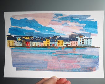 ORIGINAL ARTWORK - "Reflections at Dusk | Galway, Ireland" - Painted paper collage, landscape, cityscape, illustration
