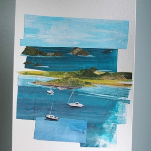 ORIGINALKUNST Vacation Waters Bemalte geschnittene Papiercollage, Meereslandschaft, Boote, Ozean, Illustration, einzigartig Bild 5