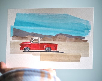 ORIGINAL ART - "Red Truck in the Desert - original art, painted paper collage