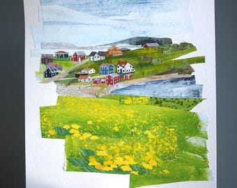 ORIGINAL ARTWORK - "Trinity Bay | Newfoundland and Labrador, Canada" - painted paper collage, landscape, illustration, one-of-a-kind
