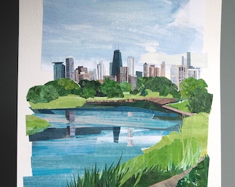 ORIGINAL ART - "Chicago, Illinois | South Pond, Lincoln Park Zoo" - collage, illustration, landscape, city, skyline