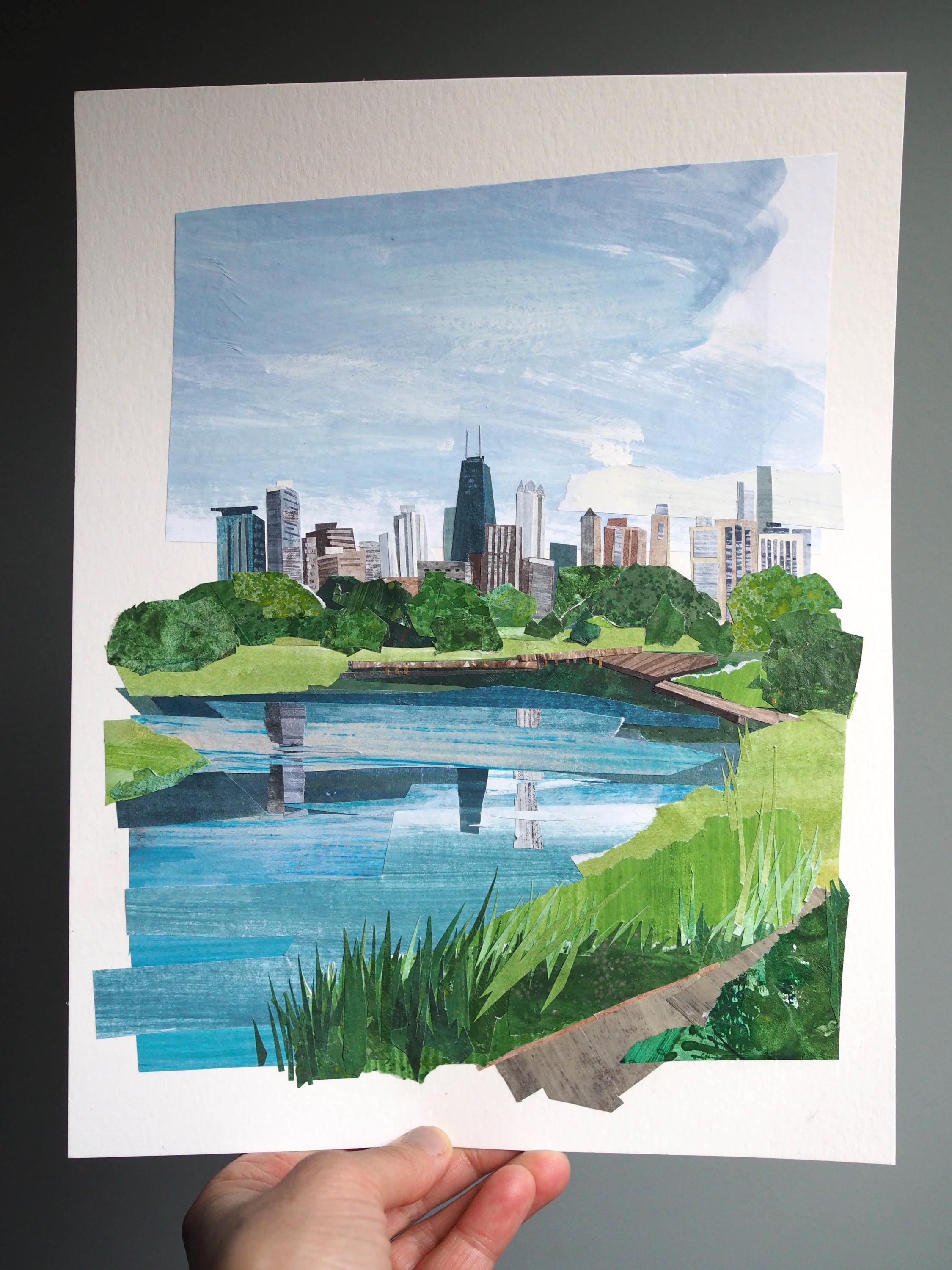 ORIGINAL ART - "Chicago, Illinois South Pond, Lincoln Park Zoo" - collage, illustration, landscape, city, skyline