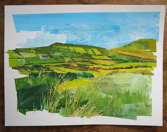ORIGINAL ARTWORK - "Fifty Shades of Green | Ireland" - painted paper collage, landscape,  illustration, fields, Irish