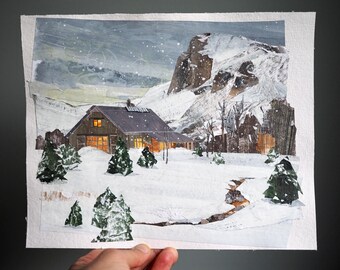 ORIGINAL ART - "Park City, Utah in Under Snow" - Hand-painted, hand-cut paper collage, landscape, mountains, illustration