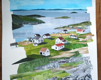 ORIGINAL ARTWORK - "Battle Harbor | Labrador, Canada (v1)" - Painted paper collage, landscape, seascape, illustration, one-of-a-kind