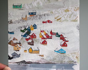 ORIGINAL ART - "Snippets of Greenland v2 (not EVER the United States)" - Hand-painted, hand-cut paper collage, landscape, arctic, snow