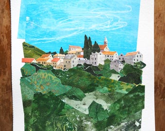 ORIGINAL ARTWORK - "Hvar, Croatia" - Painted paper collage, landscape, illustration