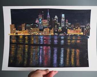 ORIGINAL ART - "Night Reflections of Philadelphia, PA" - original art, city, Philly, illustration, painted paper collage