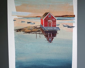 ORIGINAL ART - "Fogo Island, Newfoundland and Labrador, Canada" - Hand-painted, hand-cut paper collage, landscape, seascape
