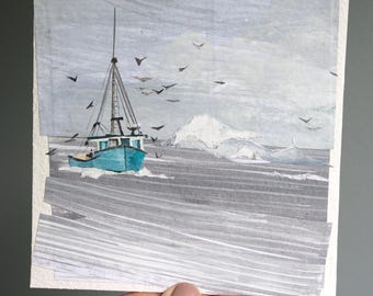 ORIGINAL ARTWORK - "Fishing Boat" - Painted paper collage, seascape, illustration, boats, birds, ocean