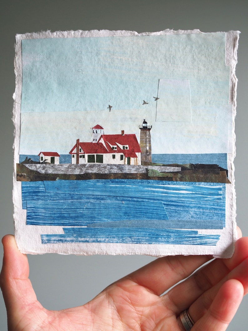 ORIGINAL ARTWORK Whaleback Lighthouse from Pepperrell Cove, Maine Painted paper collage, seascape, illustration, one-of-a-kind image 1
