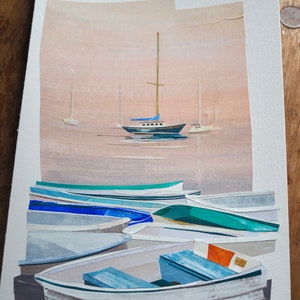 ORIGINAL ART Pepperrell Cove Kittery Point, Maine Painted cut paper collage, seascape, boats, illustration, one-of-a-kind image 2