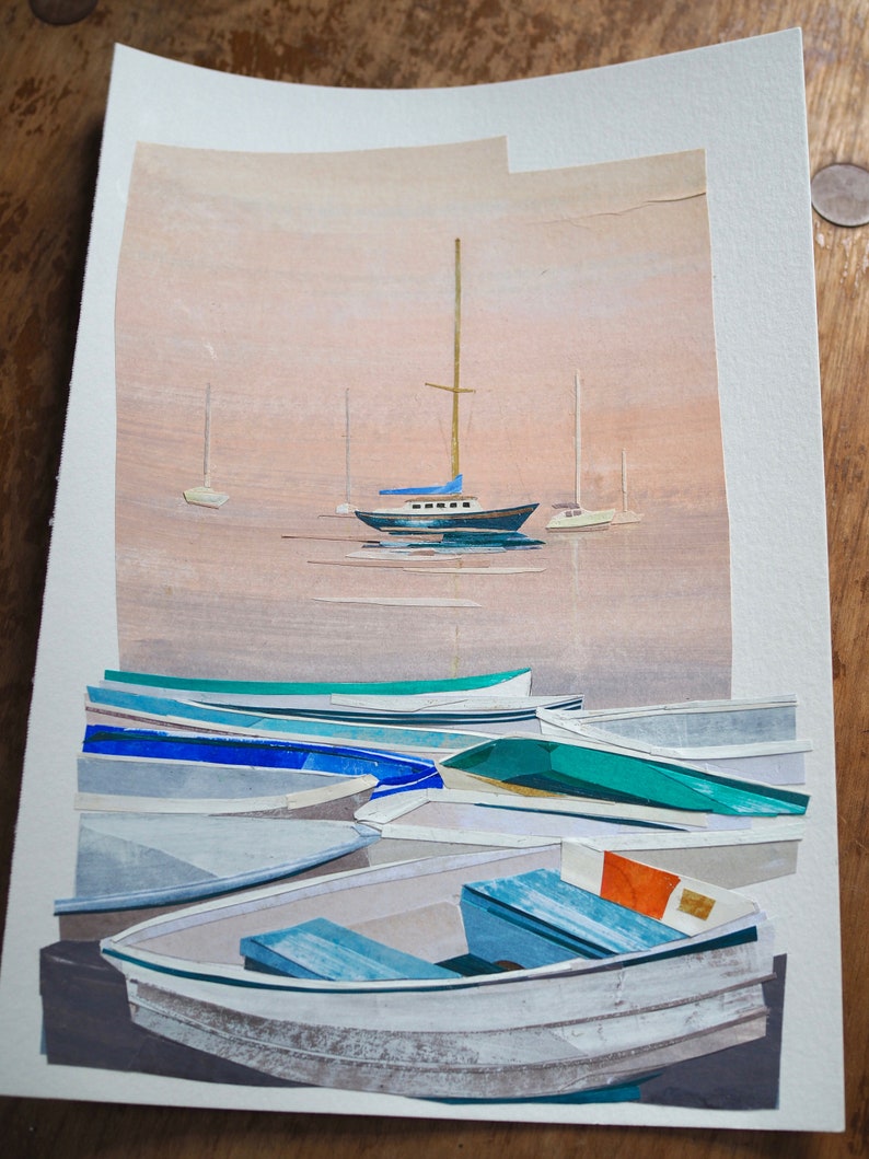 ORIGINAL ART Pepperrell Cove Kittery Point, Maine Painted cut paper collage, seascape, boats, illustration, one-of-a-kind image 2