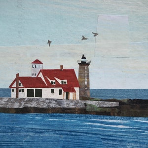 ORIGINAL ARTWORK Whaleback Lighthouse from Pepperrell Cove, Maine Painted paper collage, seascape, illustration, one-of-a-kind image 4