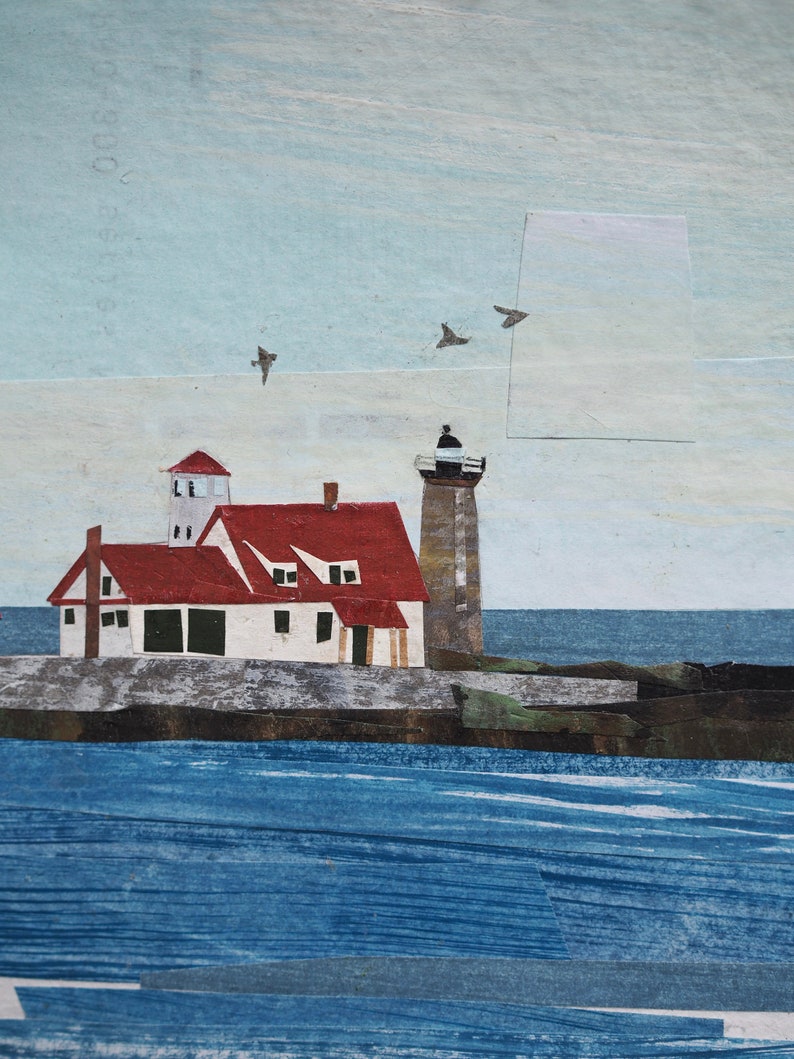 ORIGINAL ARTWORK Whaleback Lighthouse from Pepperrell Cove, Maine Painted paper collage, seascape, illustration, one-of-a-kind image 4