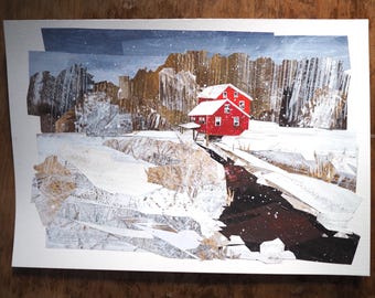 ORIGINAL ART - "Winter Cottage on the Riverbank" - Hand-painted, hand-cut paper collage, landscape, illustration