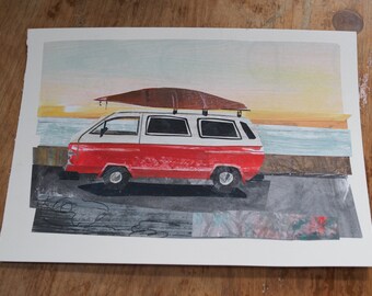 ORIGINAL ARTWORK - "California Bound" - Painted cut paper collage, landscape, illustration, van, one-of-a-kind