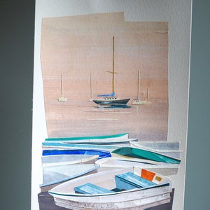 ORIGINAL ART Pepperrell Cove Kittery Point, Maine Painted cut paper collage, seascape, boats, illustration, one-of-a-kind image 9