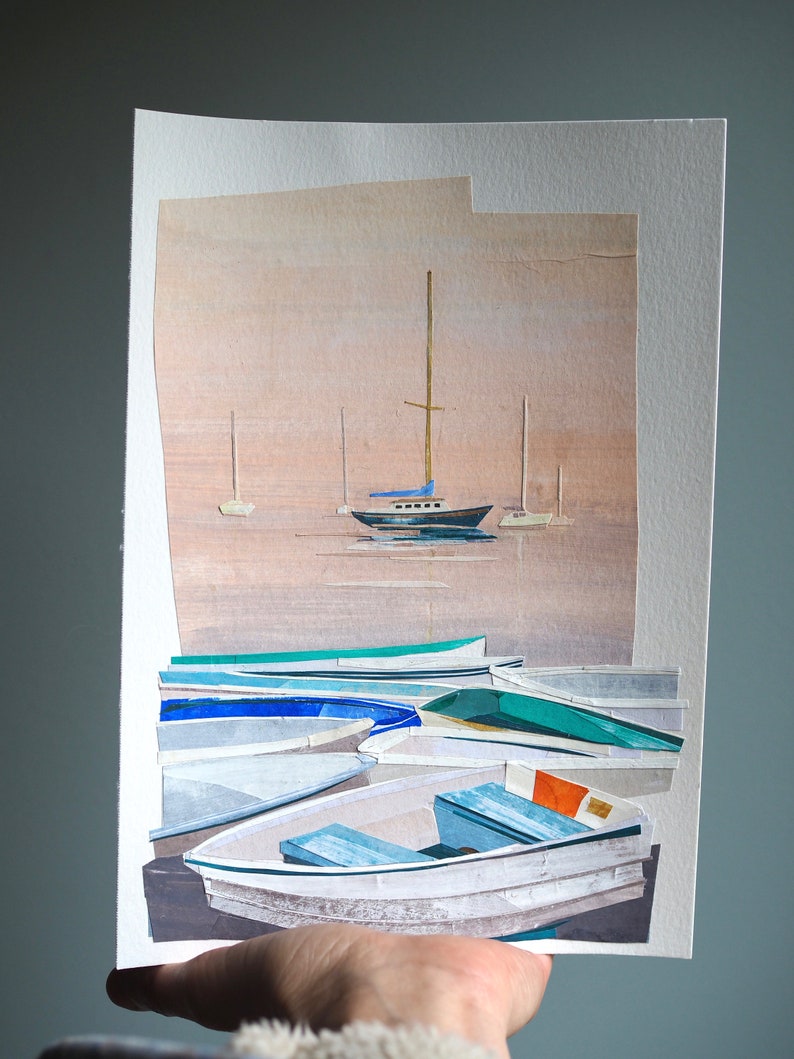 ORIGINAL ART Pepperrell Cove Kittery Point, Maine Painted cut paper collage, seascape, boats, illustration, one-of-a-kind image 9